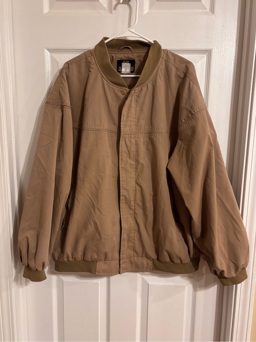 Haband Men’s Tan Bomber Jacket Full Zip Ribbed Trim Vintage Style